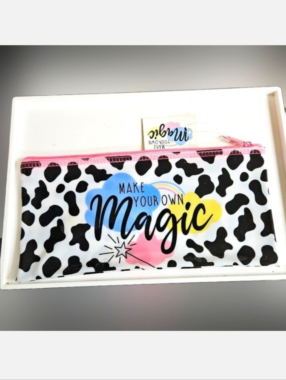 NWT VINYL COWPRINT MAKE YOUR OWN MAGIC PENCIL CASE COSMETICS ZIPPER POUCH!